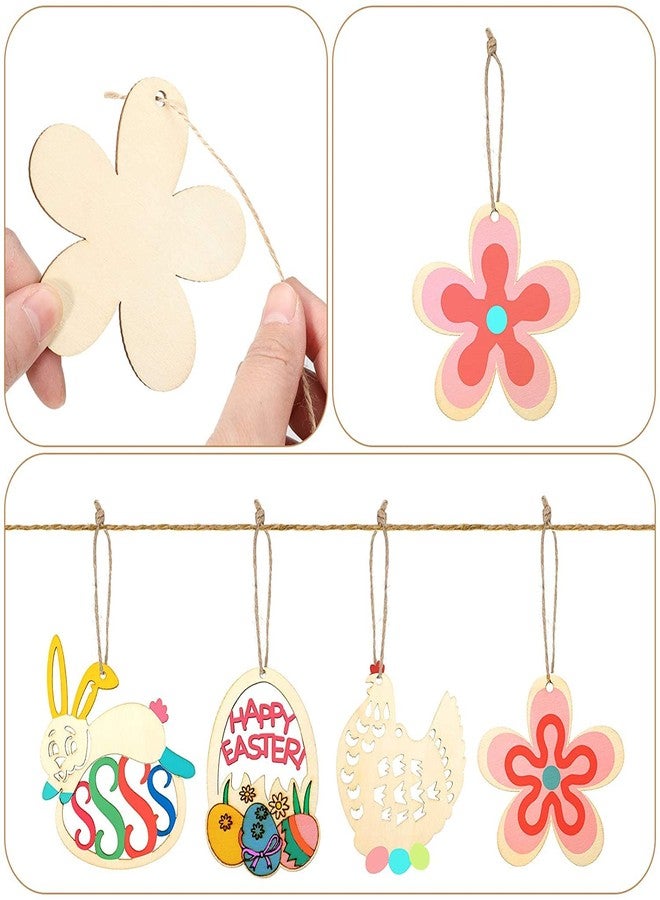 Cliths Pack of 12 Pieces Easter Crafts Wooden Ornaments Unfinished Crafts Wood Hanging Ropes Egg Bunny Chicken Flower Shape for DIY Kids Easter Party Decoration Supplies - Image 2